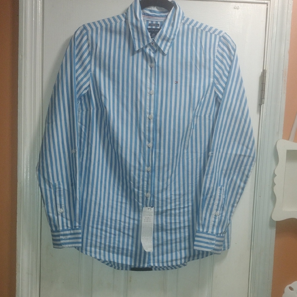 Tommy Hilfiger Ladies Blue and White Striped Shirt